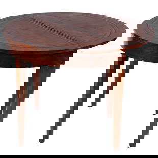 George III Mahogany Games Table: George III Mahogany Games TableThe hinged demi-lune top opening to an inset leather playing surface within cross banded inlay, raised on tapering legs.29in (74cm) h. 40in (101cm) d.Condition: Very goo