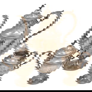 Fisher Sterling Tea Set: Fisher Sterling Tea SetWarwick pattern,Comprising a Coffee pot, covered sugar and cream pitcher.The coffee pot with a domed lid and vasiform finial above a gadrooned edge, above the body with gadroone