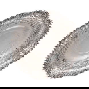 Gorham Sterling Rococo Center Bowl: Gorham Sterling Rococo Center BowlThe rim with scrolling acanthus and pierced bellflower flanked by cartouches issuing cornucopia and floral swags raised on a stepped base. 4in. (10cm) h. 12 1/2in. (3