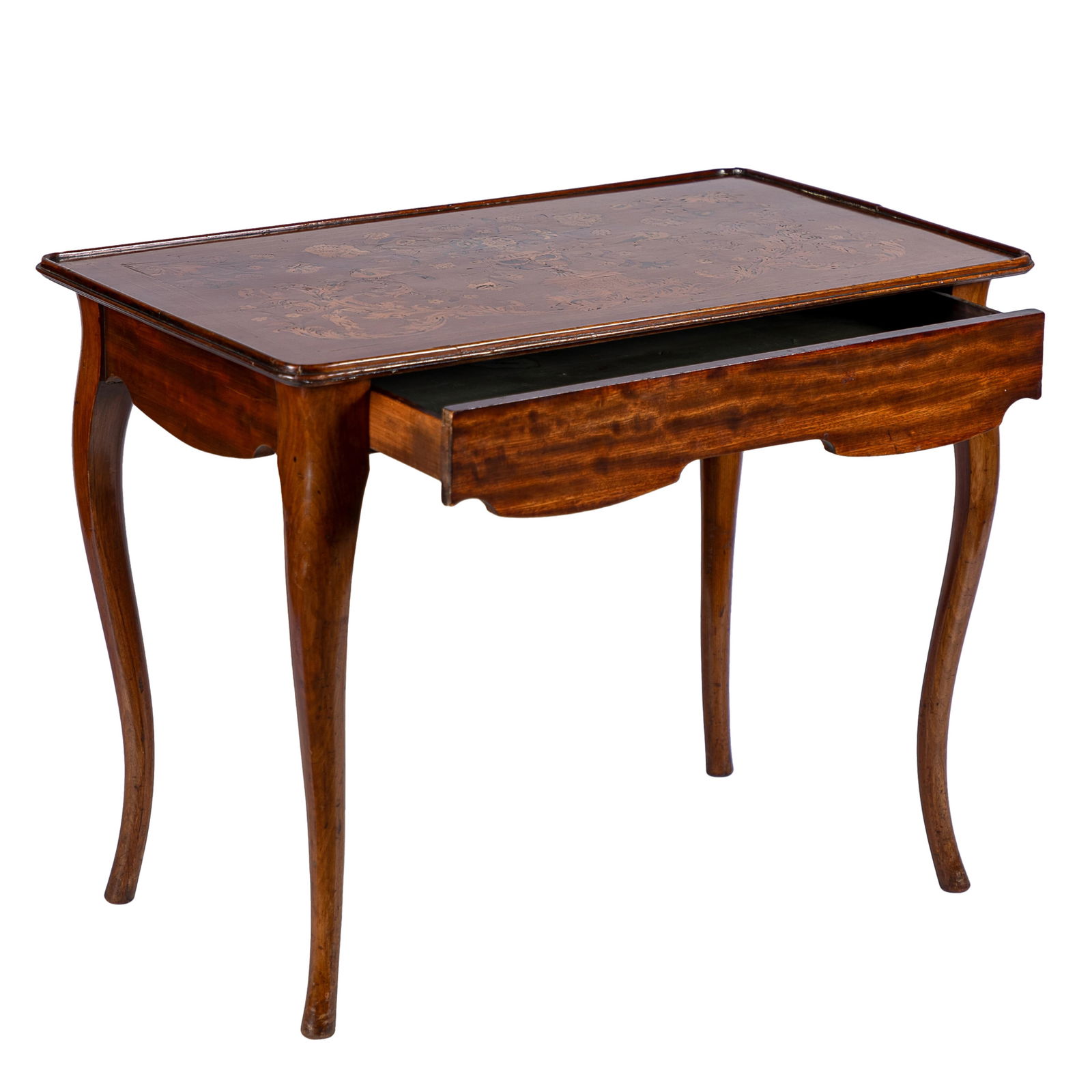 Dutch Marquetry Inlaid Walnut Center Table: Dutch Marquetry Inlaid Walnut Center TableThe rectangular top with a chamfered raised edge centering an inlaid design after Jean Berain's engravings with a central Classical urn issuing an abundant bo