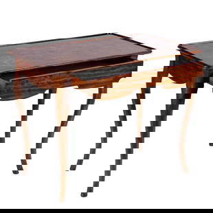 Dutch Marquetry Inlaid Walnut Center Table: Dutch Marquetry Inlaid Walnut Center TableThe rectangular top with a chamfered raised edge centering an inlaid design after Jean Berain's engravings with a central Classical urn issuing an abundant bo