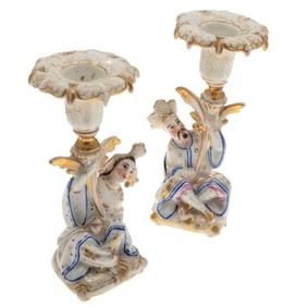 Pair of Dresden Figural Porcelain Candlesticks