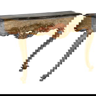Pair Italian Rococo Painted and Gilt Console Tables: Pair Italian Rococo Painted and Gilt Console TablesEach with a serpentine top 'faux mabre' painted above an apron carved with a central pierced coquille issuing scrolling foliate vines raised on cabri