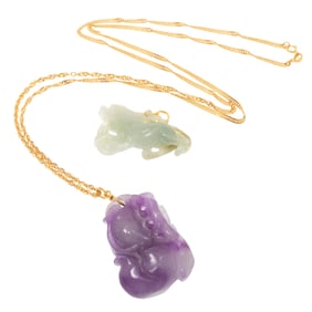 Collection of Two Chinese Carved Hardstone, Gold Pendants