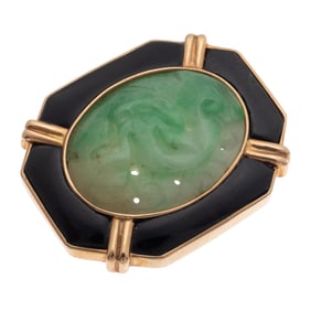 Jade, Onyx, 14k Yellow Gold Pin