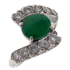 Jade, Diamond, 14k White Gold Ring
