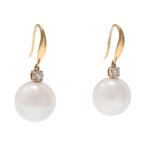 Pair of South Sea Cultured Pearl, Diamond, 18k Earrings