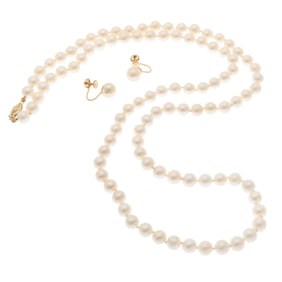 Cultured Pearl, 14k Necklace and Pair of Ear Clips