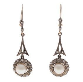 Pair of Art Deco Cultured Pearl, Diamond, 14k, Silver Earrings