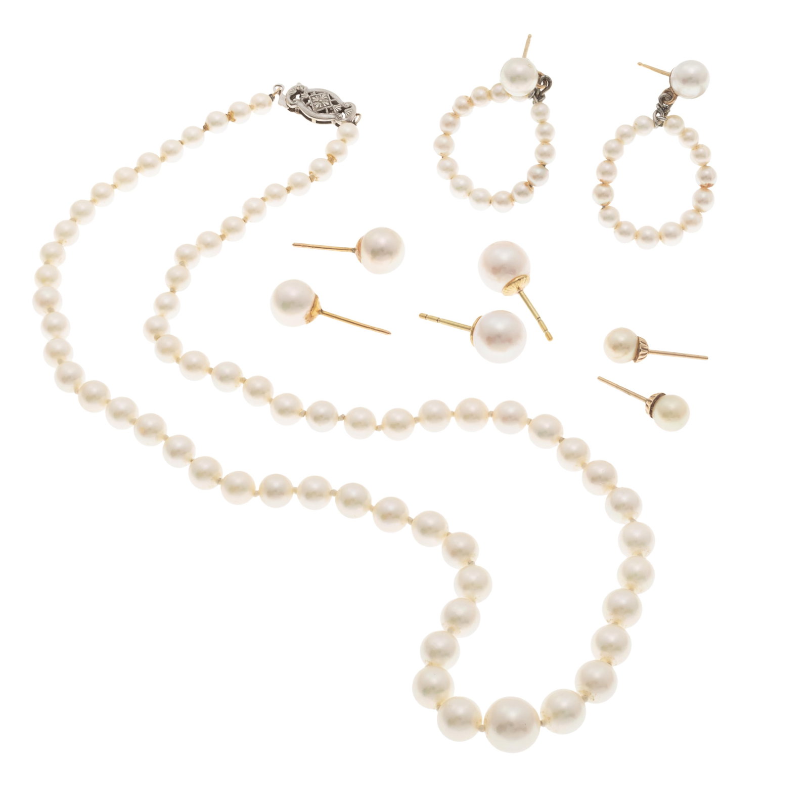 Collection of Cultured Pearl, 14k Jewelry: Collection of Cultured Pearl, 14k Jewelry Including a single strand composed of sixty-seven round cultured pearls completed by a 14k white gold hook and box clasp forming a 15 inch necklace; a pair of