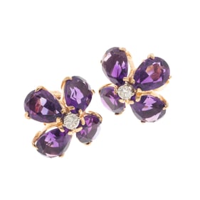 Pair of Amethyst, Diamond, 14k Yellow Gold Earrings
