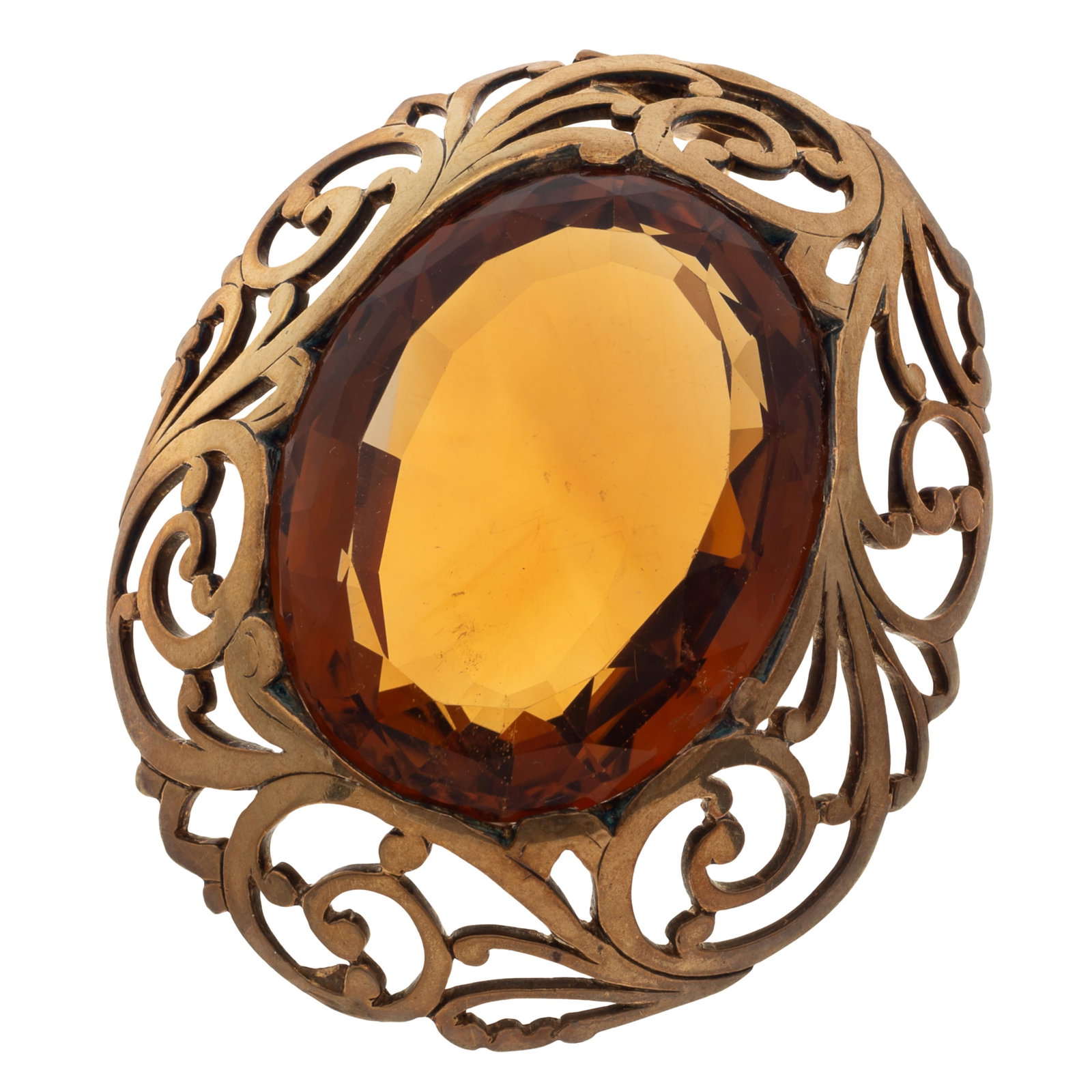 Vintage Citrine, Vermeil Pendant: Vintage Citrine, Vermeil Pendant Featuring an oval-cut citrine weighing approximately 83.60 cts., set in pierced, scrolling vermeil pendant mounting measuring approximately 2.25 x 1.80 inches. Gross w