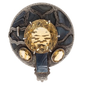 Victorian Scottish Citrine, Agate, Sterling Garter Pin