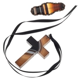 Victorian Banded Agate, 9k, Silver Cross and Bar Pin