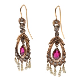 Pair of Victorian Diamond, Synthetic Ruby, Seed Pearl, 14k Earrings