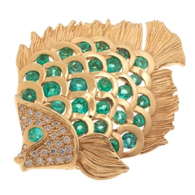 Tourmaline, Diamond, 14k Yellow Gold Fish Pin Pendant, Kabana