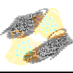 Pair of Emerald, Diamond, Ruby, 18k Fish Earrings: Pair of Emerald, Diamond, Ruby, 18k Fish EarringsDesigned as a fish, each with one round-cut ruby eye, the body featuring thirteen round-cut emeralds weighing a total of approximately 0.28 cttw., the