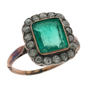 Antique Emerald, Diamond, 14k, Silver Ring