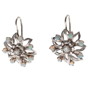 Pair of Diamond, Opal, 14k White Gold Earrings