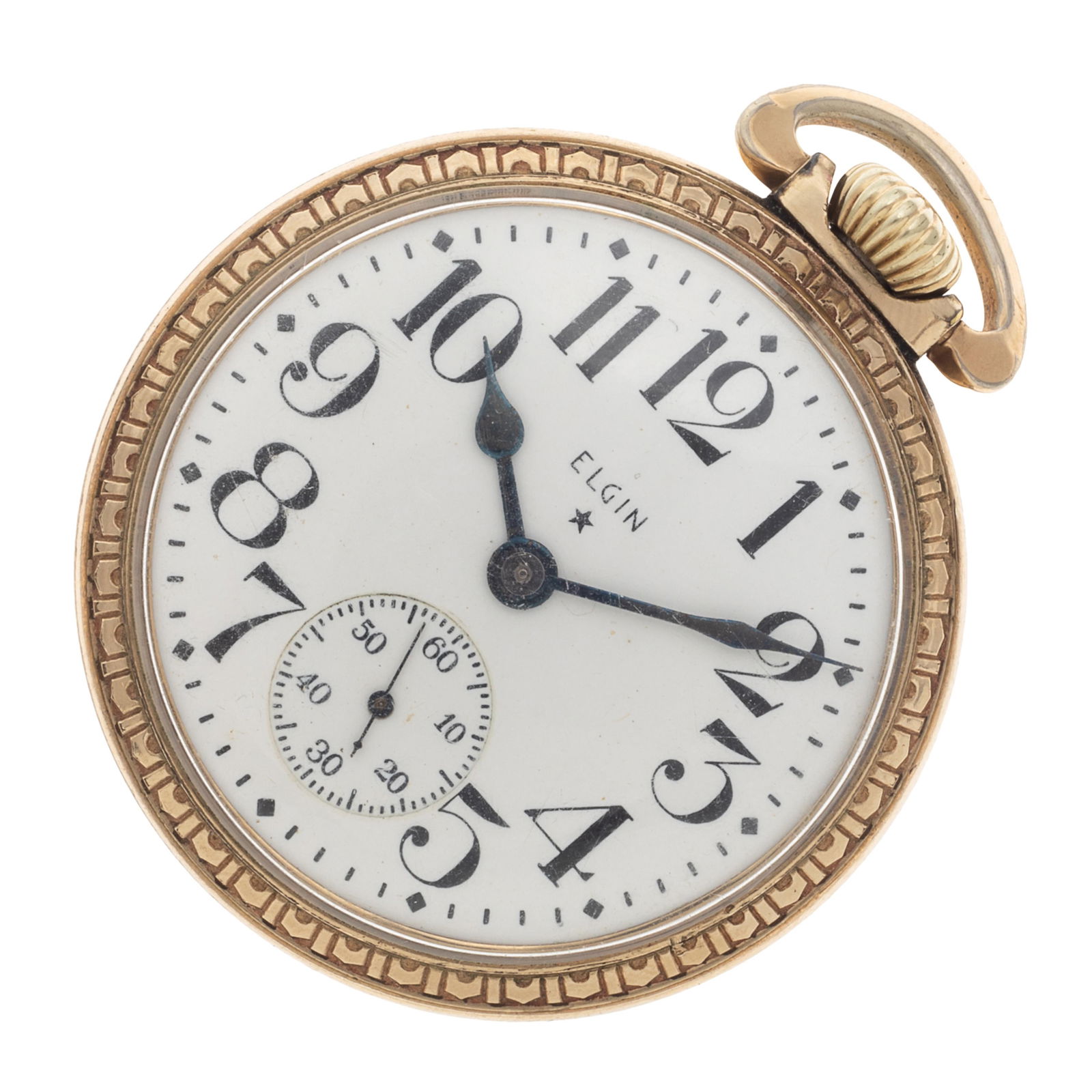 Elgin Rolled Gold Pocket Watch: Elgin Rolled Gold Pocket WatchDIAL: Round, white. black Arabic hour markers, black outer minutes track, blued spade hands, subsidiary dial at 6 o'clock, Elgin.MOVEMENT: Stem wind and set, seventeen (1