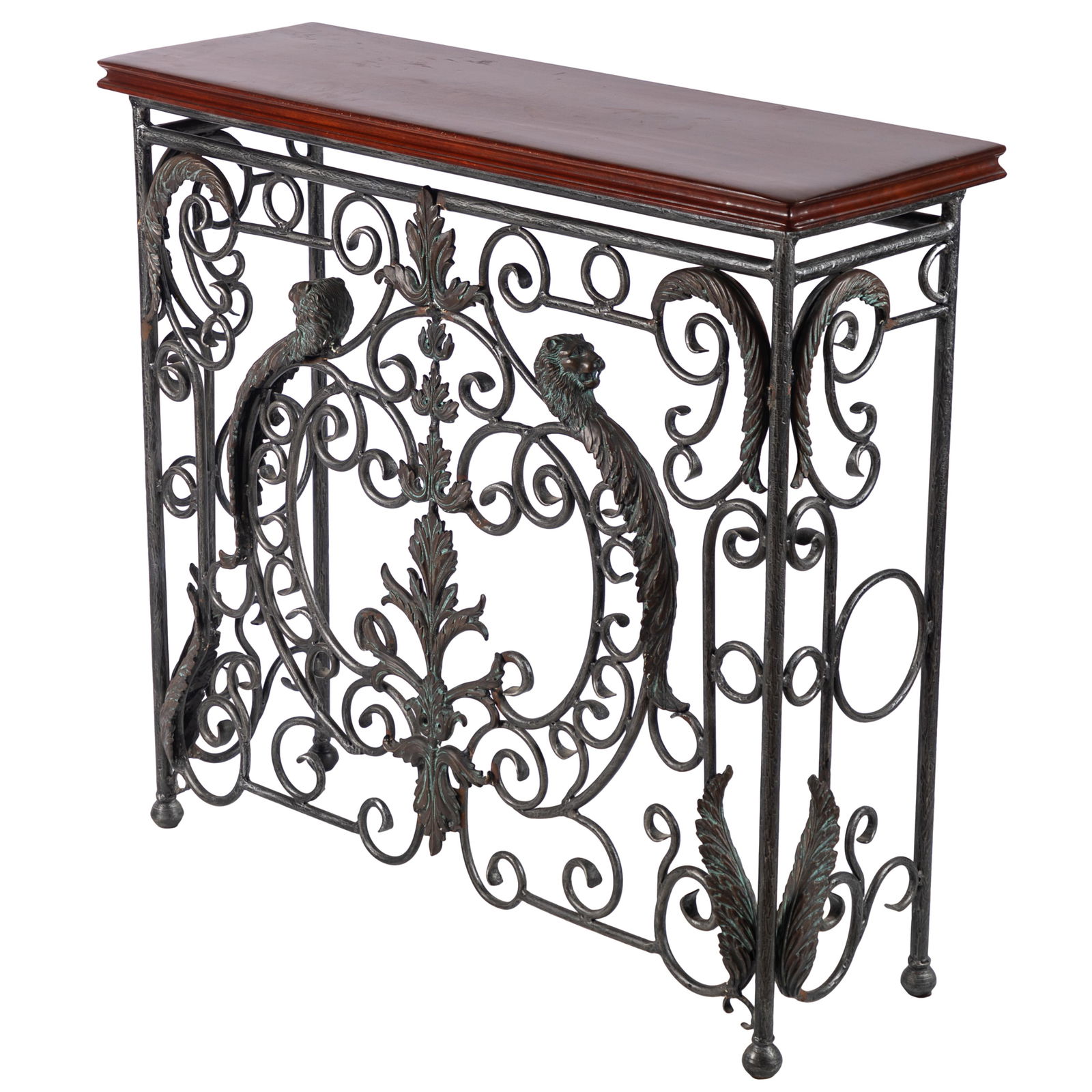 Renaissance Revival Wrought Iron Console Table: Renaissance Revival Wrought Iron Console TableWith a rectangular top supported on a wrought iron base of leonine and scrolling design.34in (86cm) h. 38in (97cm) l. 13in (33cm) w