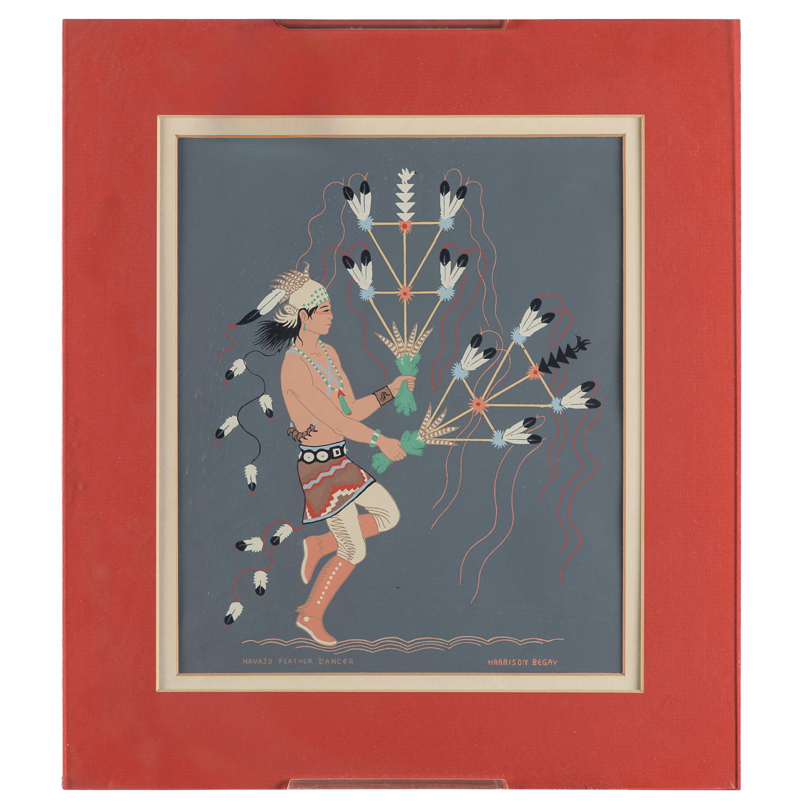 Harrison Begay (Haskay Yahne Yah) (Navajo 1917-2012): Harrison Begay (Haskay Yahne Yah) (Navajo 1917-2012)'Navajo Feather Dancer'SerigraphSigned l/r10 1/2in x 12in (27icm. x 31cm)Framed: 15in. x 17in (38cm. x 43cm)Harrison Begay, a pioneer in Native