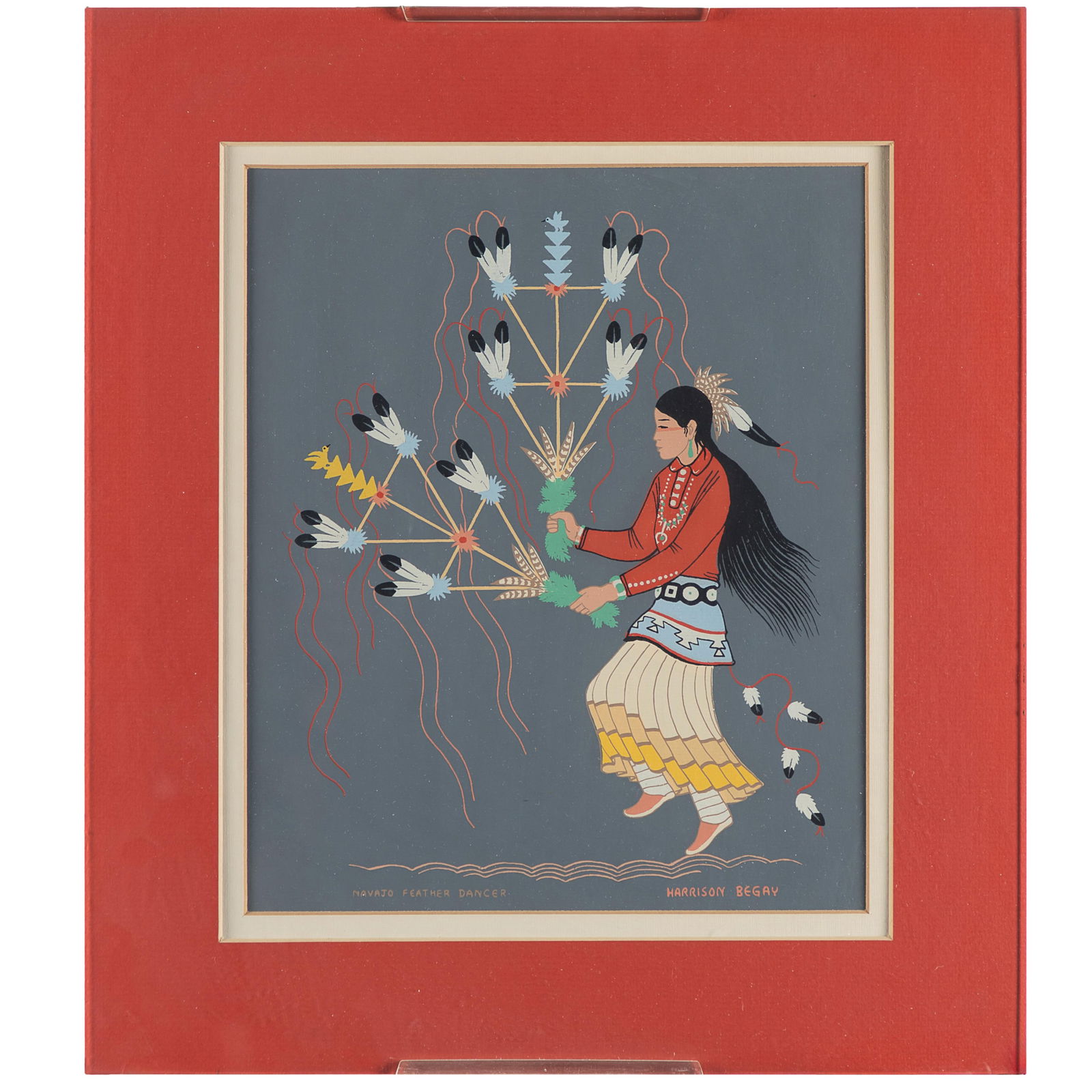 Harrison Begay (Haskay Yahne Yah) (Navajo 1917-2012): Harrison Begay (Haskay Yahne Yah) (Navajo 1917-2012)'Navajo Feather Dancer'SerigraphSigned l/rSigned l/r10 1/2in x 12in (27icm. x 31cm)Framed: 15in. x 17in (38cm. x 43cm)Harrison Begay, a pioneer