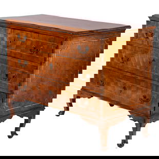 Louis XV Fruitwood Commode: Louis XV Fruitwood CommodeThe rectangular top over a three drawer geometric and line inlaid case ending in cabriole legs and paw feet.34 (86cm) h. 45in (115cm) w. 21in (54cm) dCondition: Good, some ag