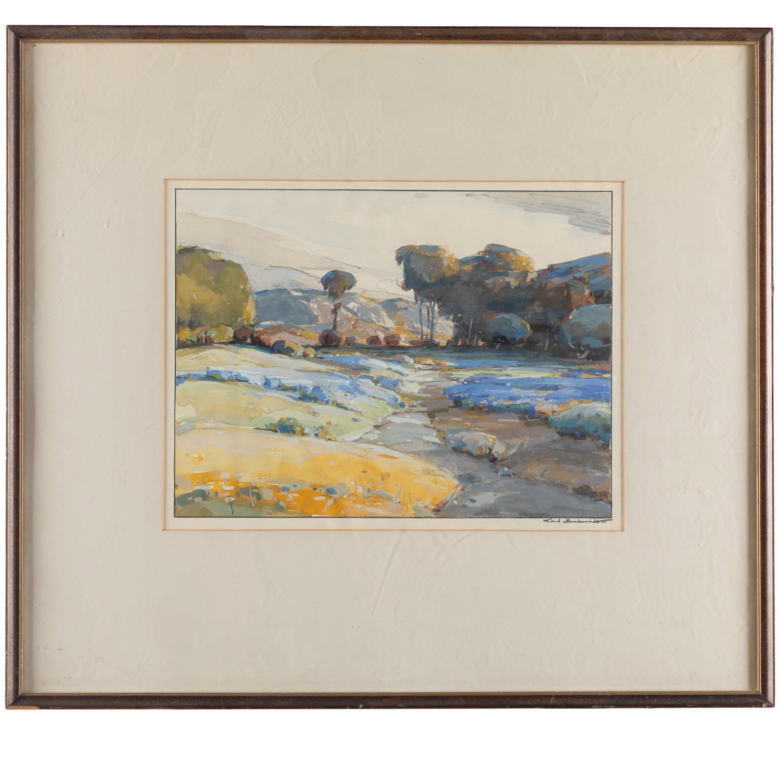 Karl Schmidt (American 1890-1962): Karl Schmidt (American 1890-1962) Water color on paper signed l/r Coastal Valley scene 12in. x 9 1/2in (30cm. x 25cm) Framed: 21in x 18 1/2in53cm. x 47cm) Karl Schmidt was an early California Impressi