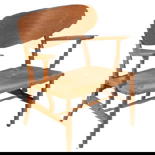 Hans Wegner Design Chair: Hans Wegner Design ChairOf hard wood and rattan.No label30in (76cm) h. 28in (72cm) w. 19in (49cm) c.Condition: Water stains to finish.