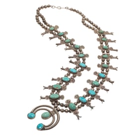 Navajo Turquoise, Silver, Squash Blossom Necklace