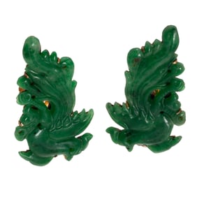 Pair of Chinese Jade, 14k 'Phoenix' Ear Clips