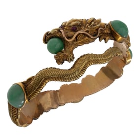 Jade, Ruby, 14k Yellow Gold Dragon Bracelet