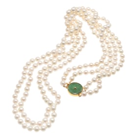 Cultured Pearl, Jade, 14k Yellow Gold Necklace