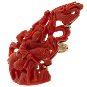 Chinese Carved Coral, 14k Yellow Gold Ring