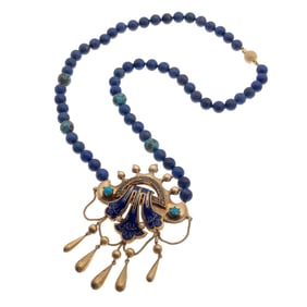 Lapis Lazuli, Glass, Enamel, 14k Yellow Gold Necklace