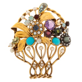 Multi-Gem, 14k Yellow Gold Jardiniere Brooch