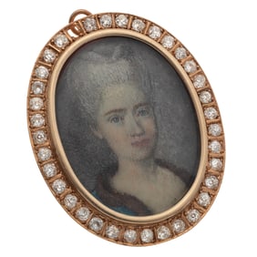 Victorian Diamond, 14k Rose Gold Portrait Miniature Pin Pendant