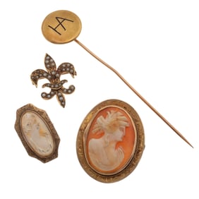 Collection of Four Cameo, Seed Pearl, Gold Pins