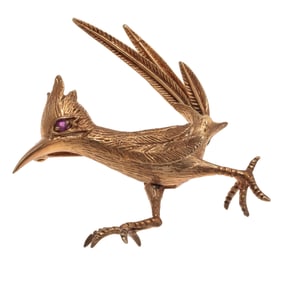 Ruby, 14k Yellow Gold Roadrunner Pin