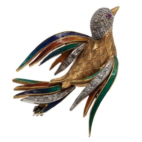 Diamond, Ruby, Enamel, 18k Bird Pin