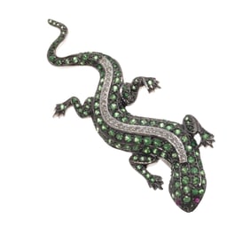 Demantoid Garnet, Diamond, 18k White Gold Salamander Pin