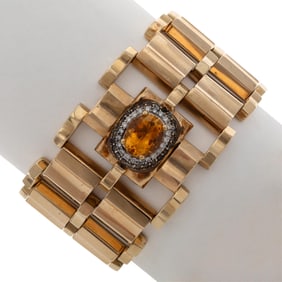 Retro Diamond, Citrine, 14k Yellow Gold Bracelet