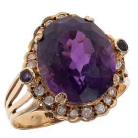 Amethyst, Cubic Zirconia, 14k Yellow Gold Ring
