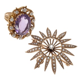 Diamond, Amethyst, Seed Pearl, 10k Ring and Pin Pendant