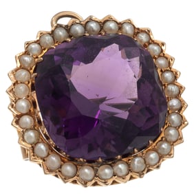 Antique Russian Amethyst, Seed Pearl, 14k Pin Pendant