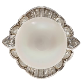 Cultured Pearl, Diamond, Platinum Ring