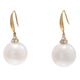 Pair of South Sea Cultured Pearl, Diamond, 18k Yellow Gold Earrings