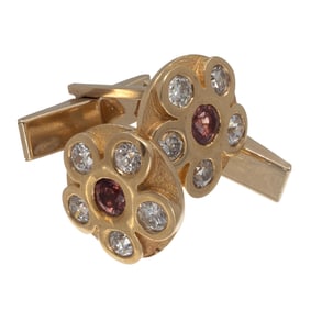 Pair of Beryllium Diffused Sapphire, Diamond, 14k Yellow Gold Cufflinks