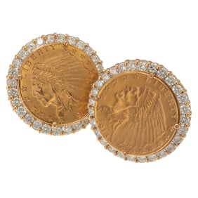 Pair of U.S. Indian Head Gold Coin, Diamond, 18k Earrings